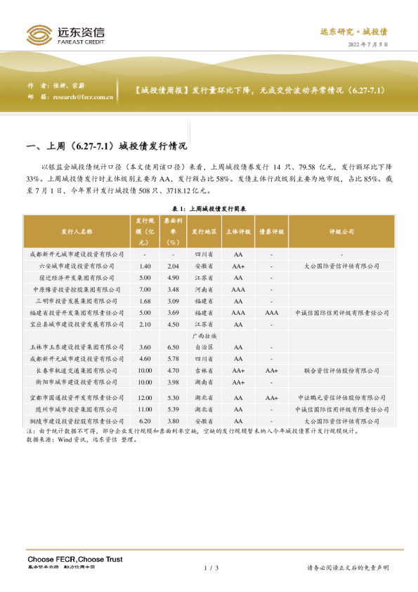 发行量环比下降，无成交价波动异常情况（6.27-7.1）