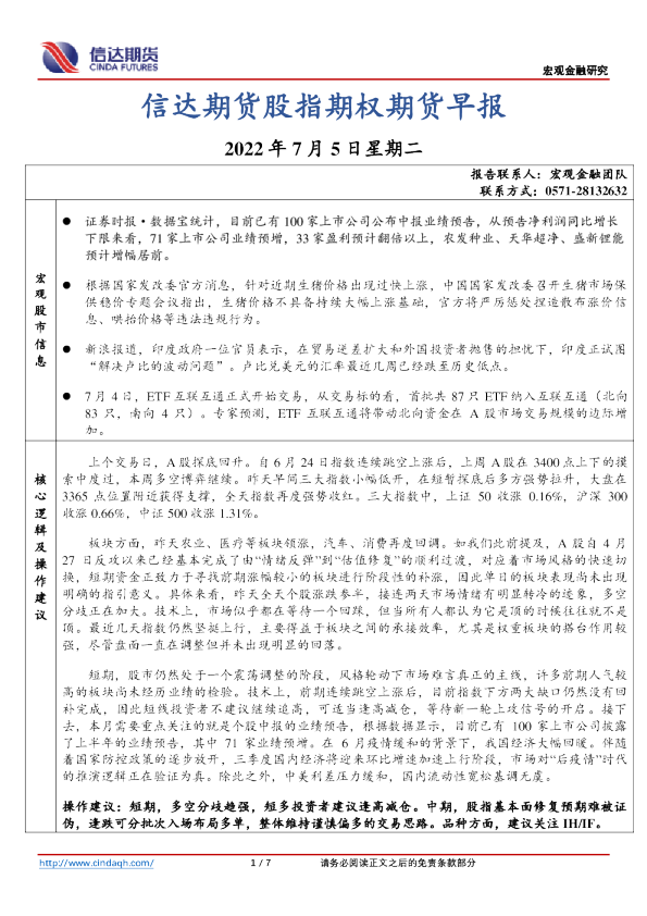 股指期权期货早报