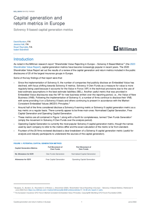欧洲的资本生成和回报指标
