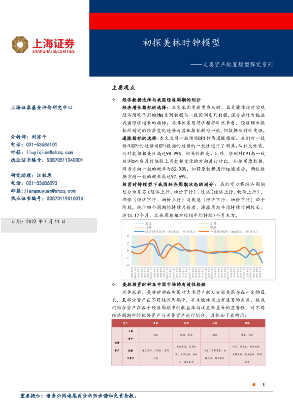 大类资产配置模型探究系列：初探美林时钟模型