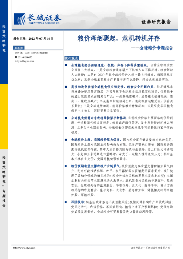 全球粮价专题报告：粮价烽烟骤起，危机转机并存