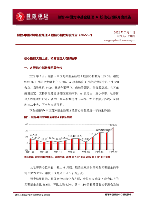 中国对冲基金经理A股信心指数月度报告（2022年7月）