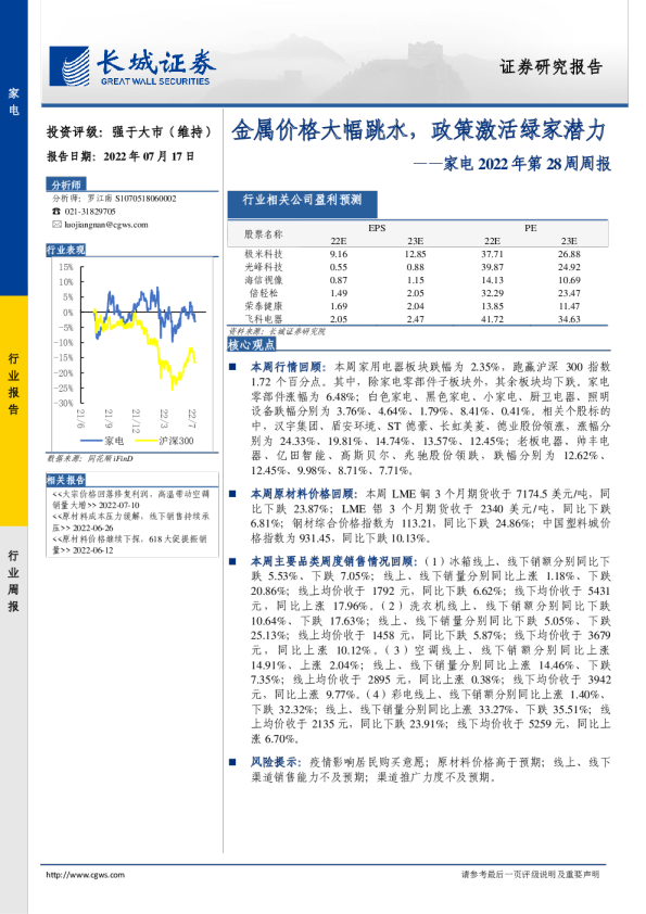 家电行业2022年第28周周报：金属价格大幅跳水，政策激活绿家潜力