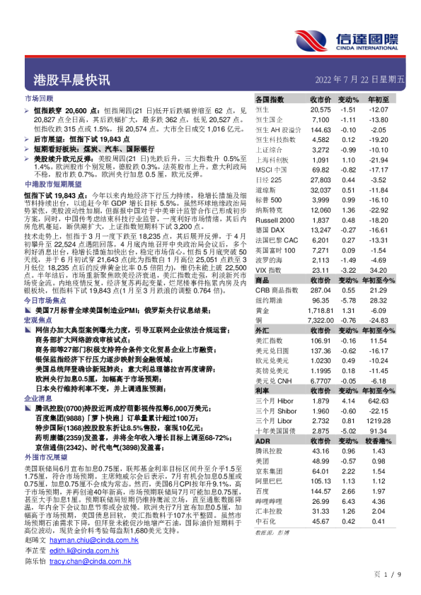 信达国际港股早晨快讯(2022.07.22)