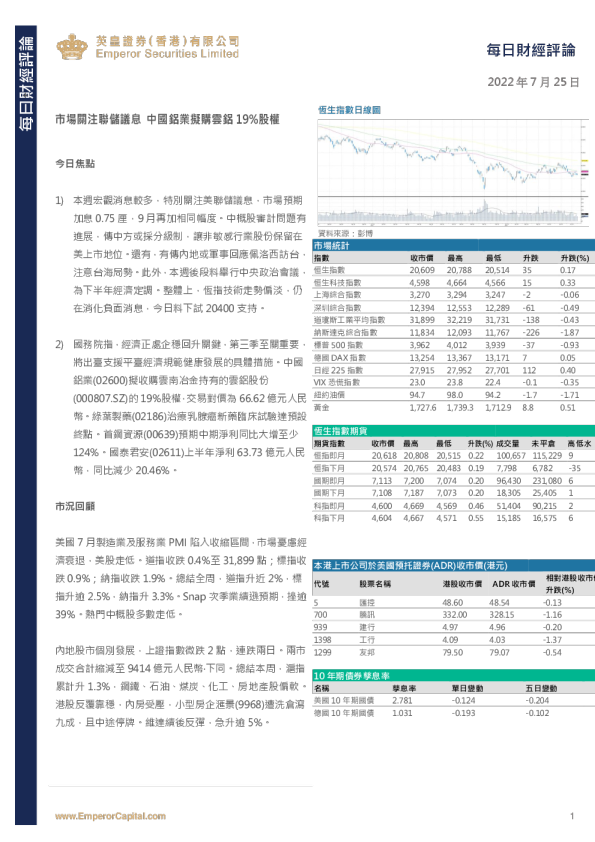 英皇证券香港每日财经评论(2022.07.25)