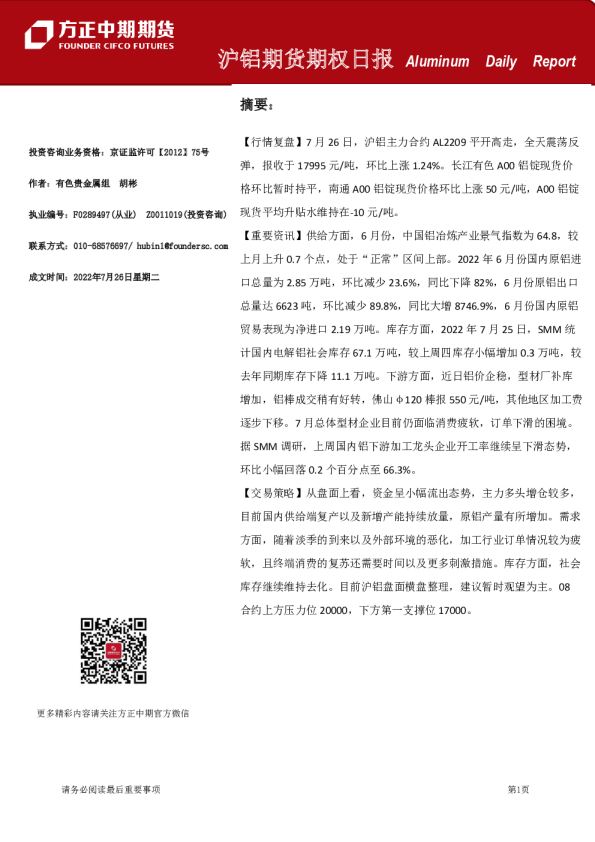 方正中期期货沪铝期货期权日报(2022.07.26)
