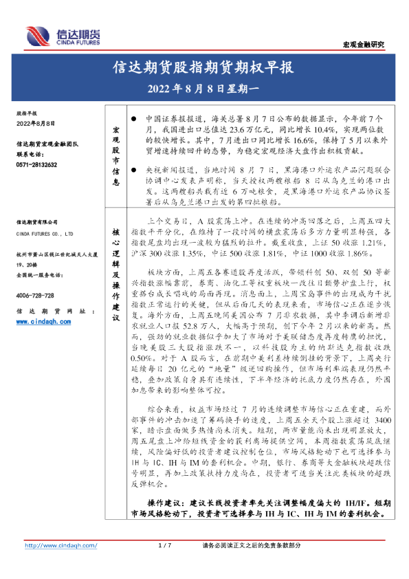 股指期货期权早报