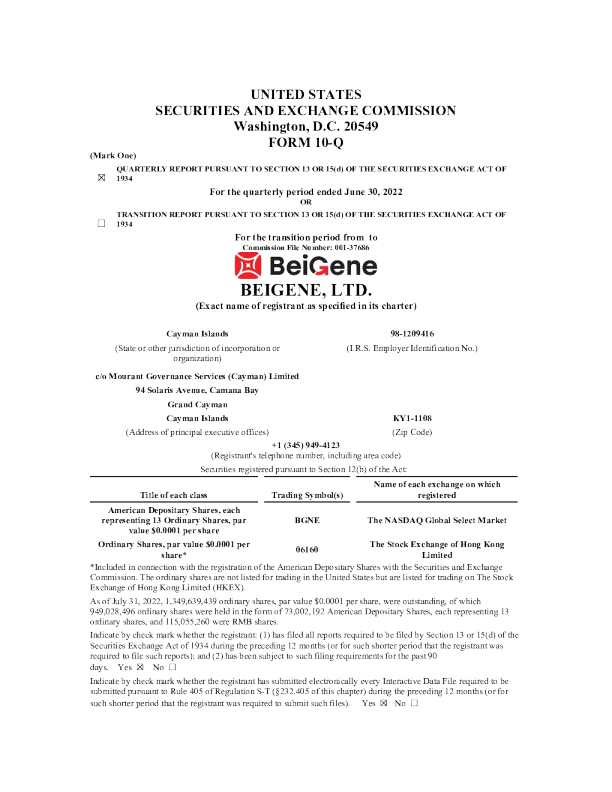 百济神州 2022年季度报告