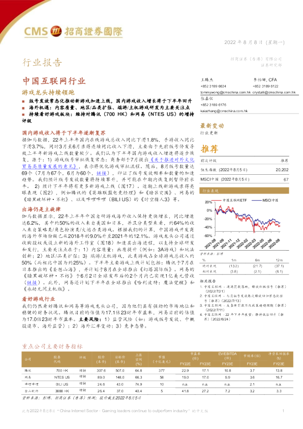 中国互联网行业：游戏龙头持续领跑