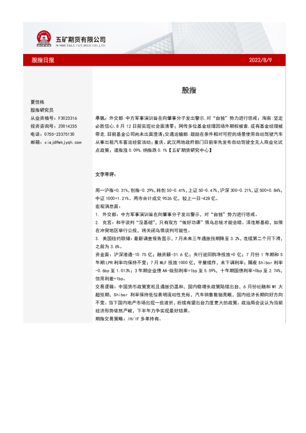 五矿期货股指日报