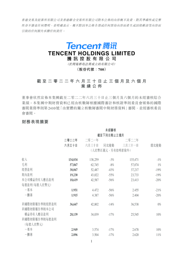 2022年第二季及中期腾讯业绩财报港交所版