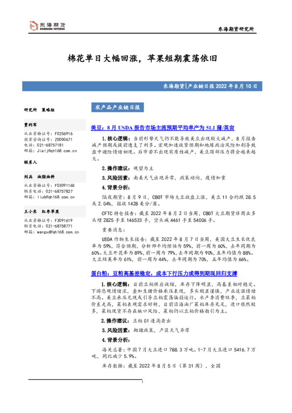 农产品产业链日报：棉花单日大幅回涨，苹果短期震荡依旧