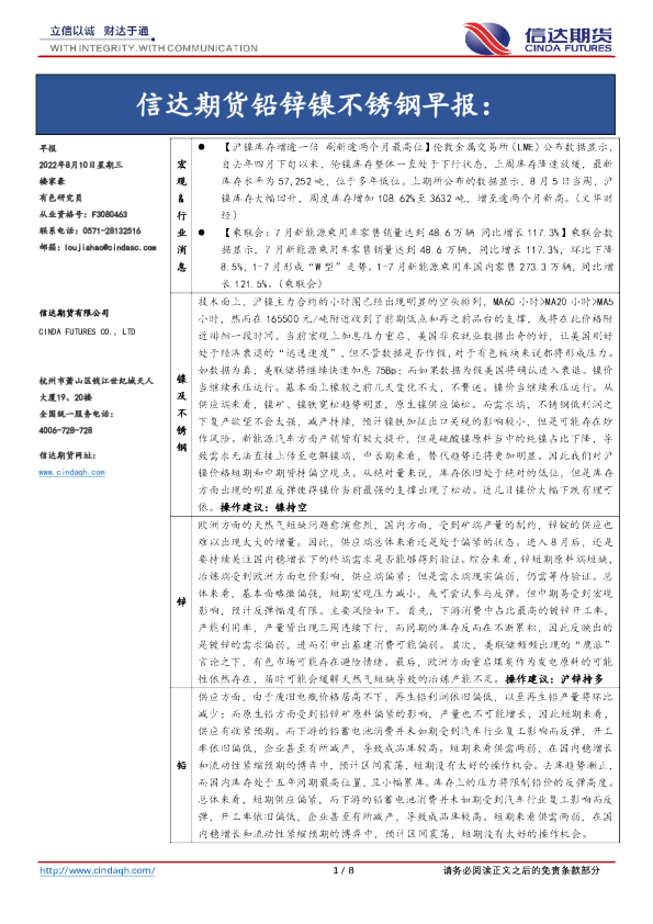 铅锌镍不锈钢早报