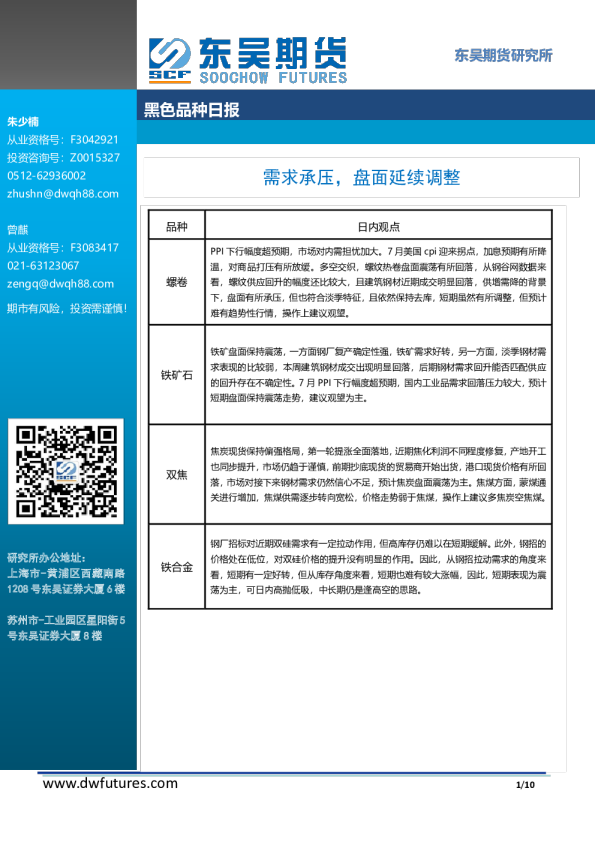 需求承压，盘面延续调整