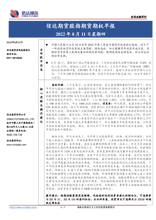 股指期货期权早报