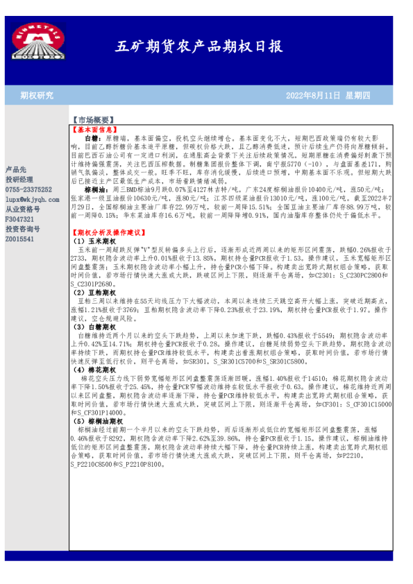 农产品期权日报