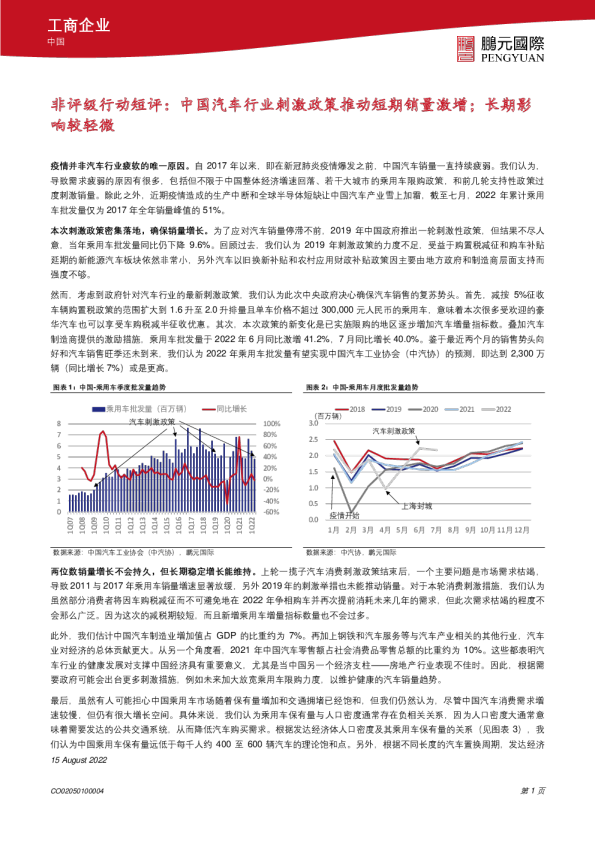 非评级行动短评：中国汽车行业刺激政策推动短期销量激增；长期影响较轻微