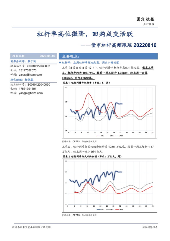 债市杠杆高频跟踪：杠杆率高位微降，回购成交活跃