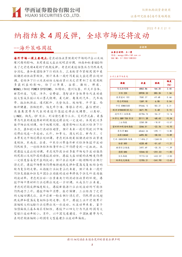 海外策略周报：纳指结束4周反弹，全球市场还将波动