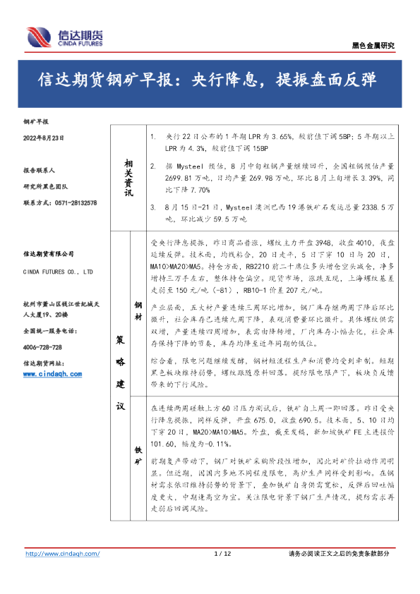 钢矿早报：央行降息，提振盘面反弹