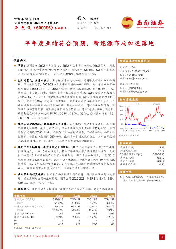 半年度业绩符合预期，新能源布局加速落地