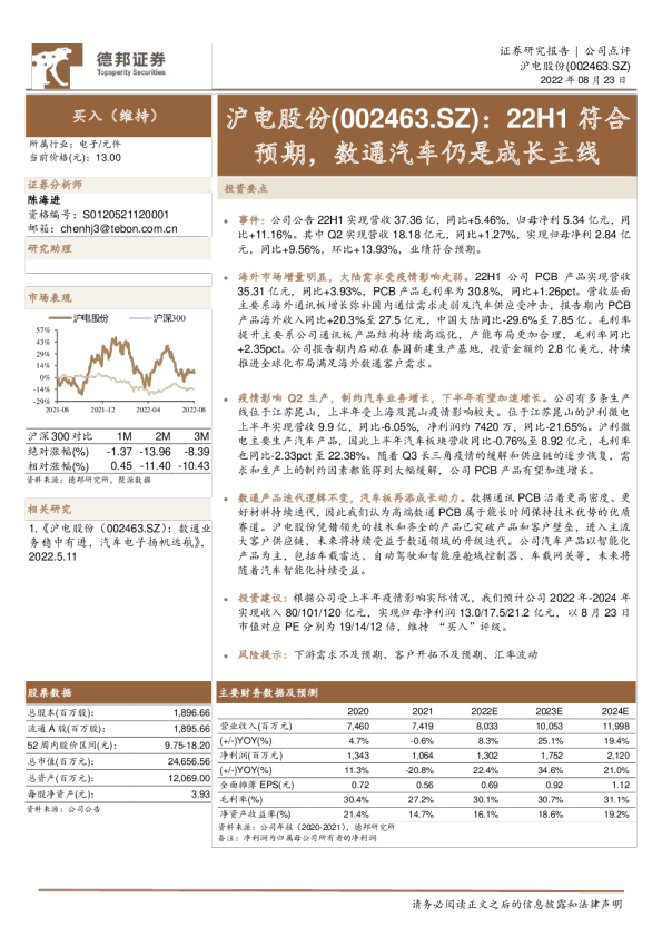 22H1符合预期，数通汽车仍是成长主线