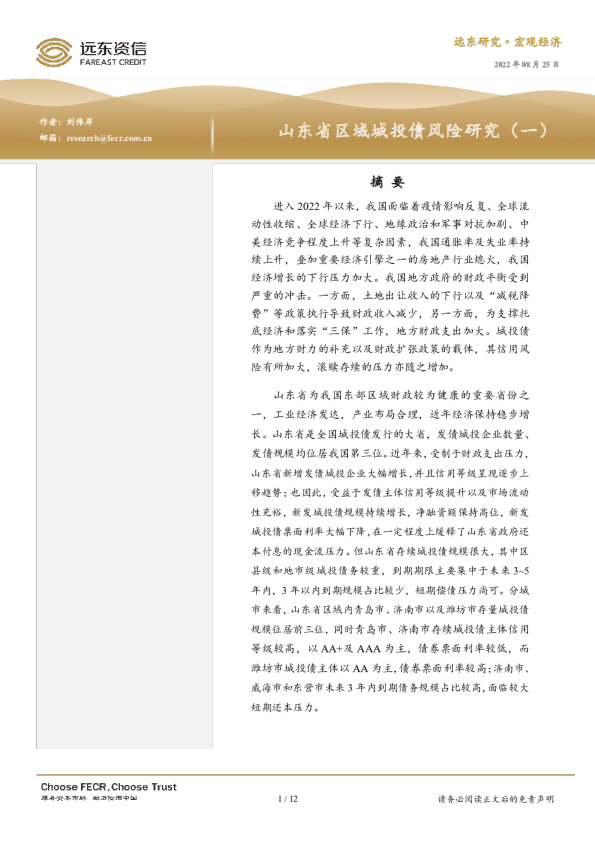 山东省区域城投债风险研究（一）