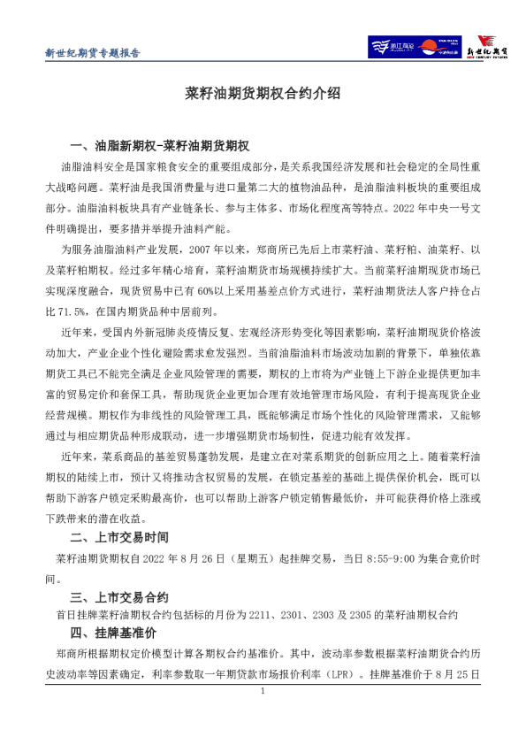 菜籽油期货期权合约介绍