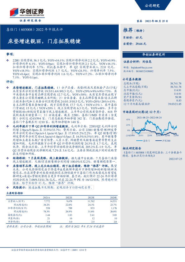 床垫增速靓丽，门店拓展稳健