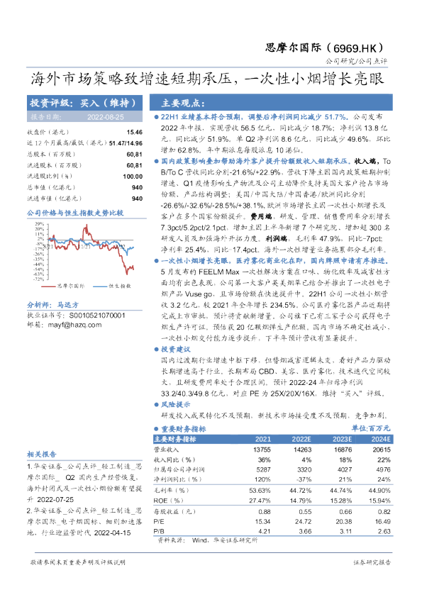 海外市场策略致增速短期承压，一次性小烟增长亮眼