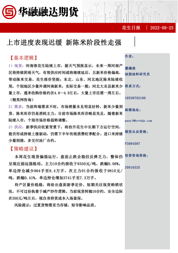 花生日报：上市进度表现迟缓 新陈米阶段性走强