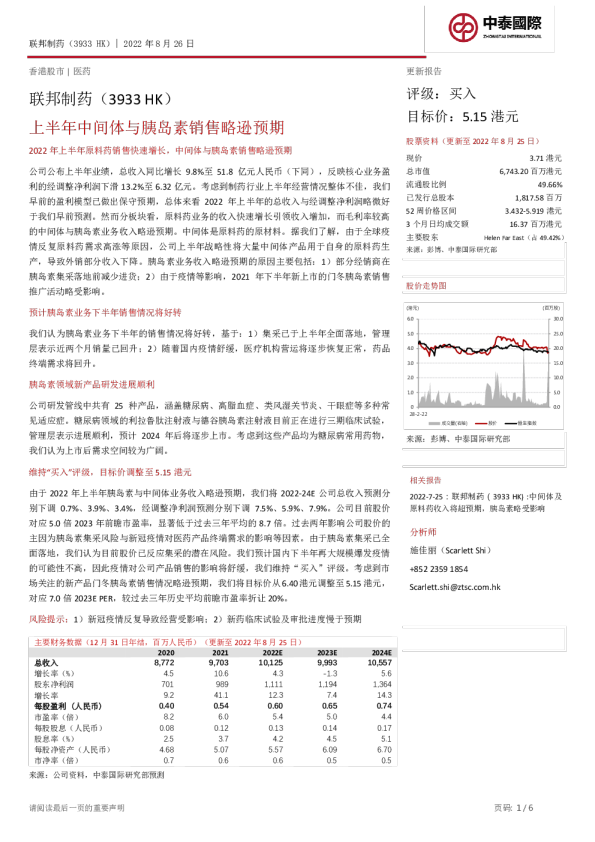 上半年中间体与胰岛素销售略逊预期