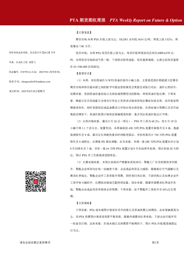 PTA期货期权周报