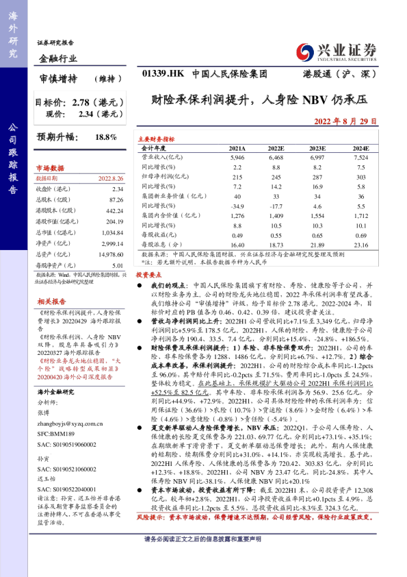 财险承保利润提升，人身险NBV仍承压