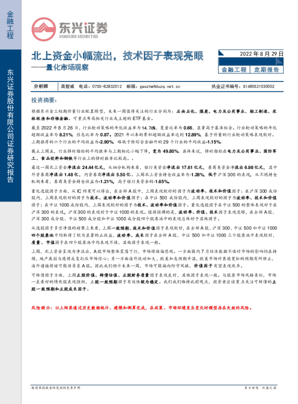 量化市场观察：北上资金小幅流出，技术因子表现亮眼