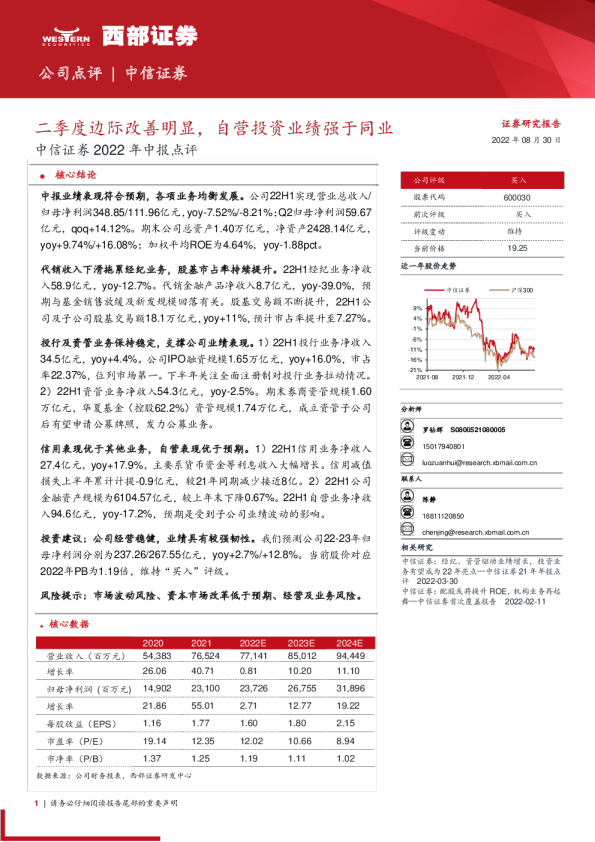 二季度边际改善明显，自营投资业绩强于同业
