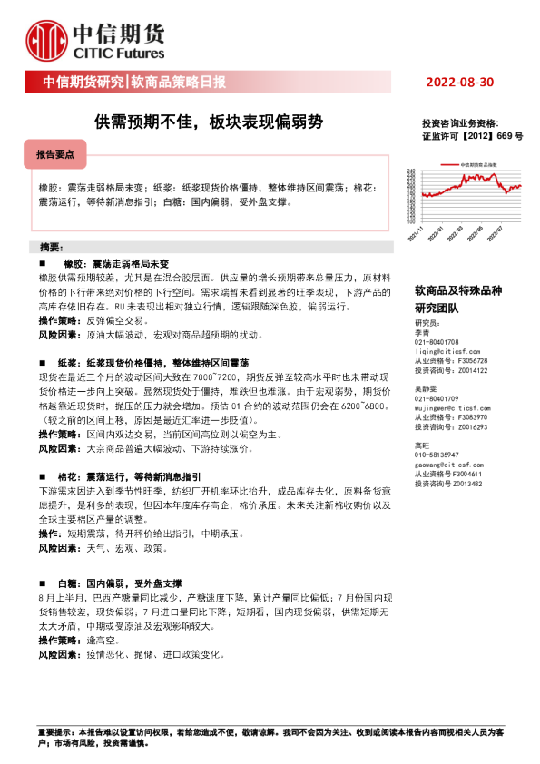 软商品策略日报：供需预期不佳，板块表现偏弱势