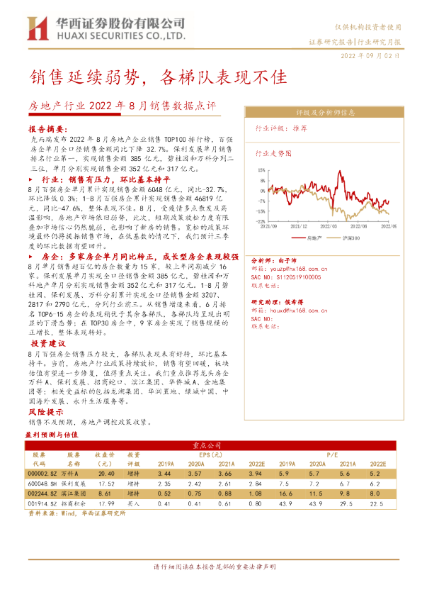 房地产行业2022年8月销售数据点评：销售延续弱势，各梯队表现不佳