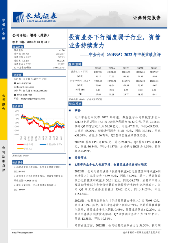 投资业务下行幅度弱于行业，资管业务持续发力