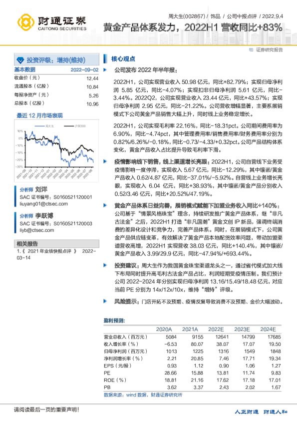 黄金产品体系发力，2022H1营收同比+83%