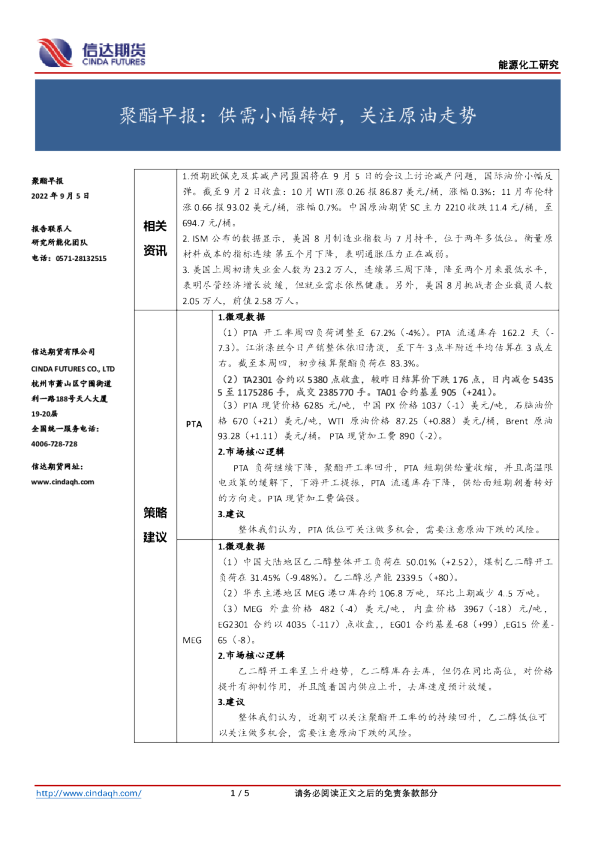 聚酯早报：供需小幅转好，关注原油走势