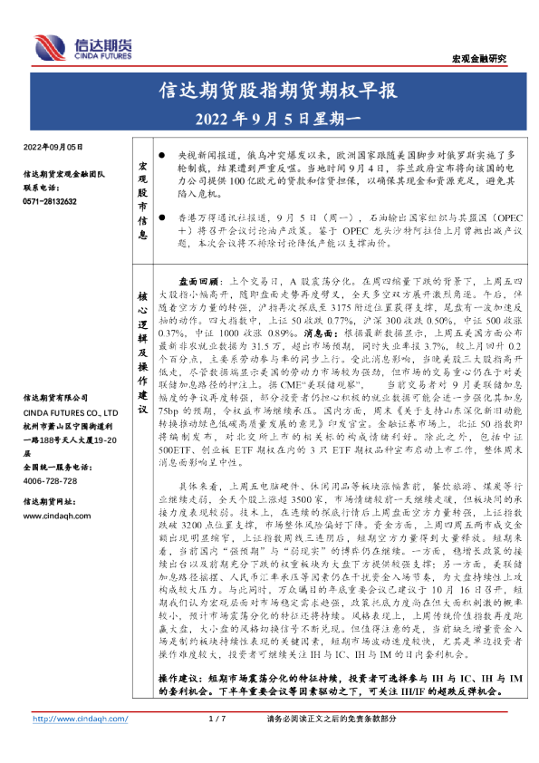股指期货期权早报