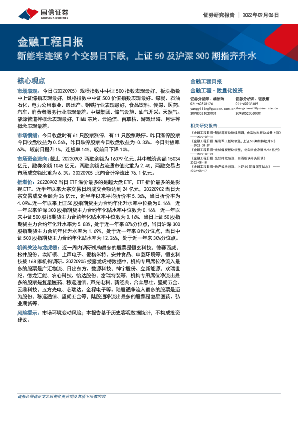 金融工程日报：新能车连续9个交易日下跌，上证50及沪深300期指齐升水