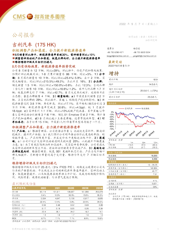 积极调整产品和渠道，全力提升新能源渗透率