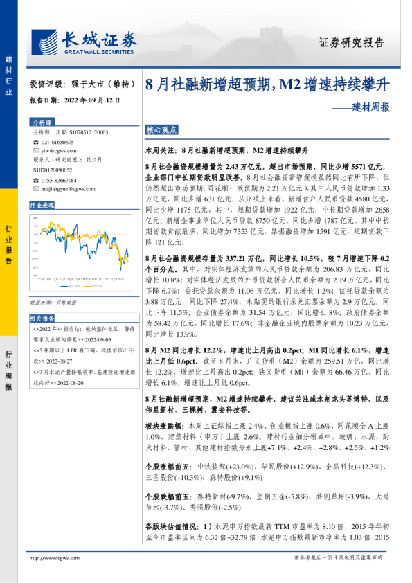 建材行业周报：8月社融新增超预期，M2增速持续攀升