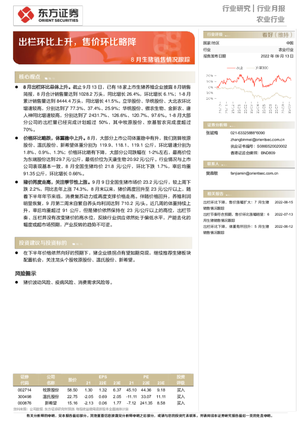出栏环比上升，售价环比略降