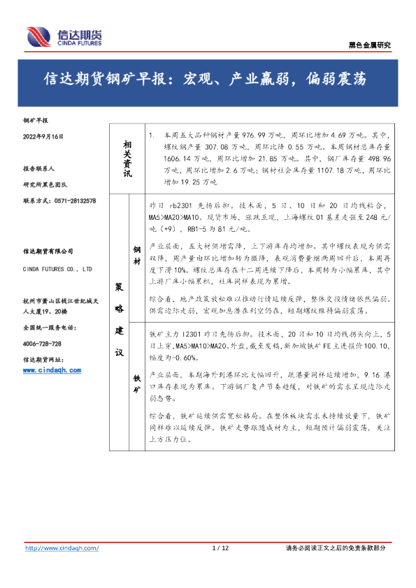 钢矿早报：宏观、产业羸弱，偏弱震荡