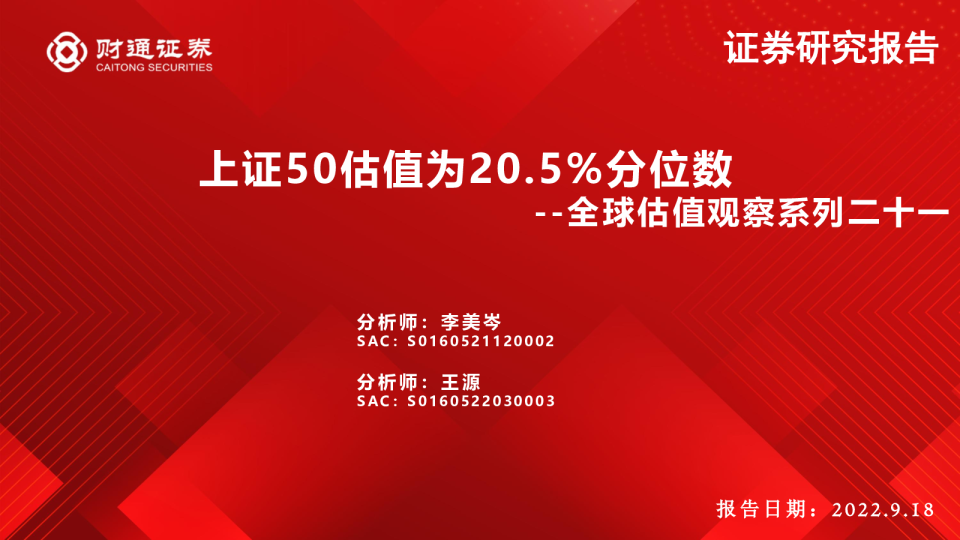 全球估值观察系列二十一：上证50估值为20.5%分位数