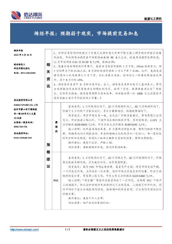 烯烃早报：预期弱于现实，市场提前交易加息
