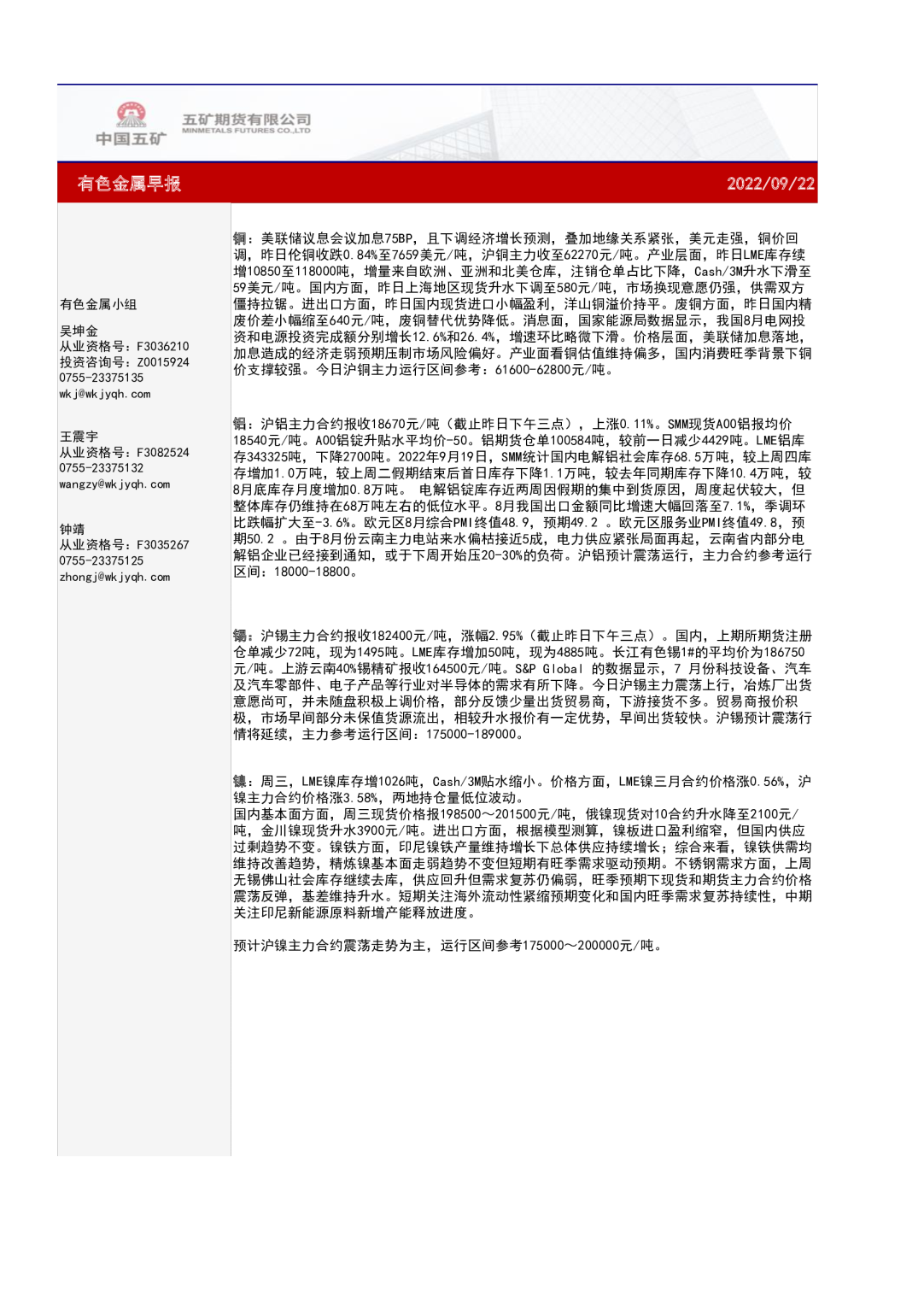 有色金属早报